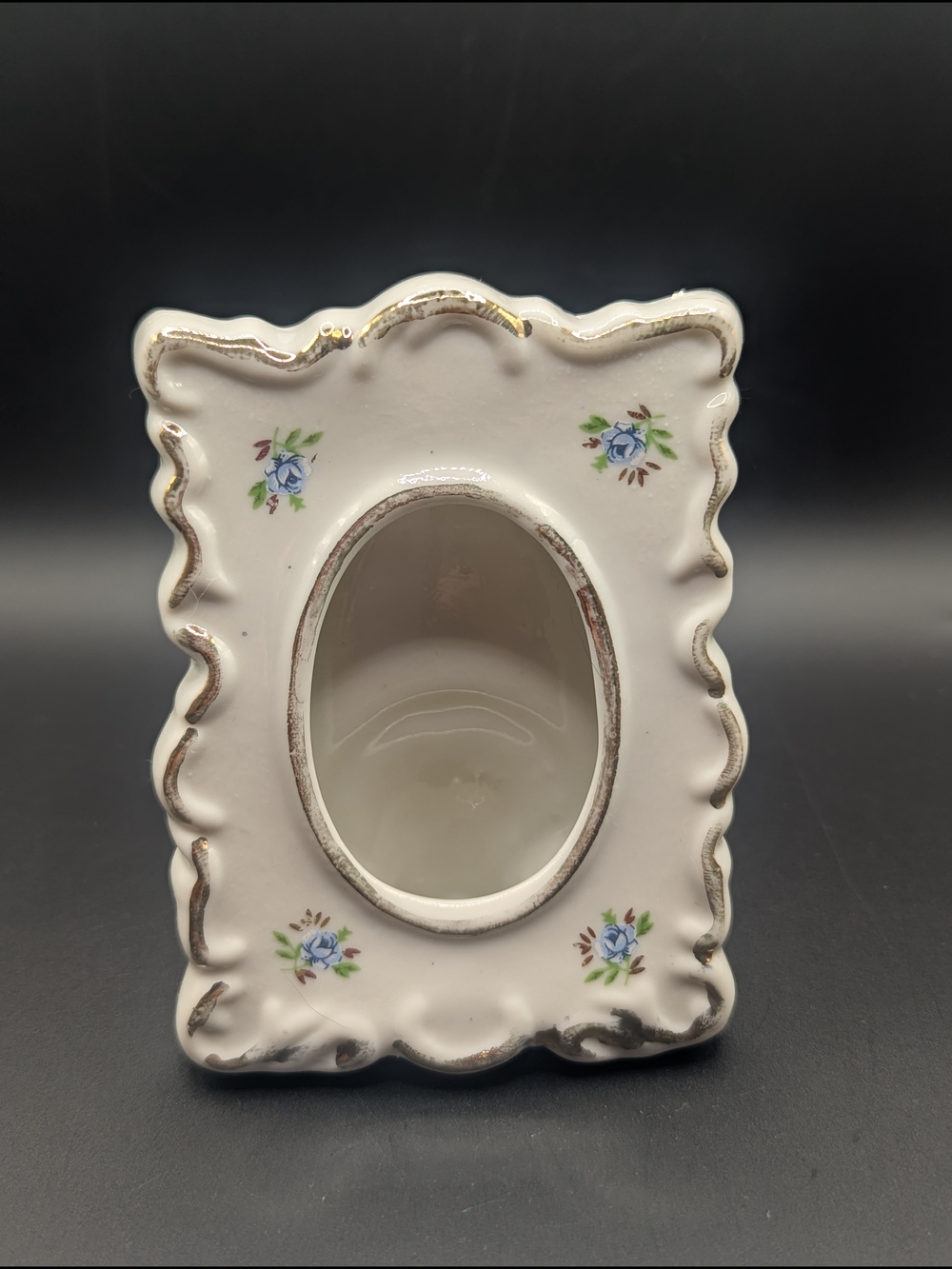 Lefton White Ceramic Oval Frame with Blue Rose Motif and Gold Trim